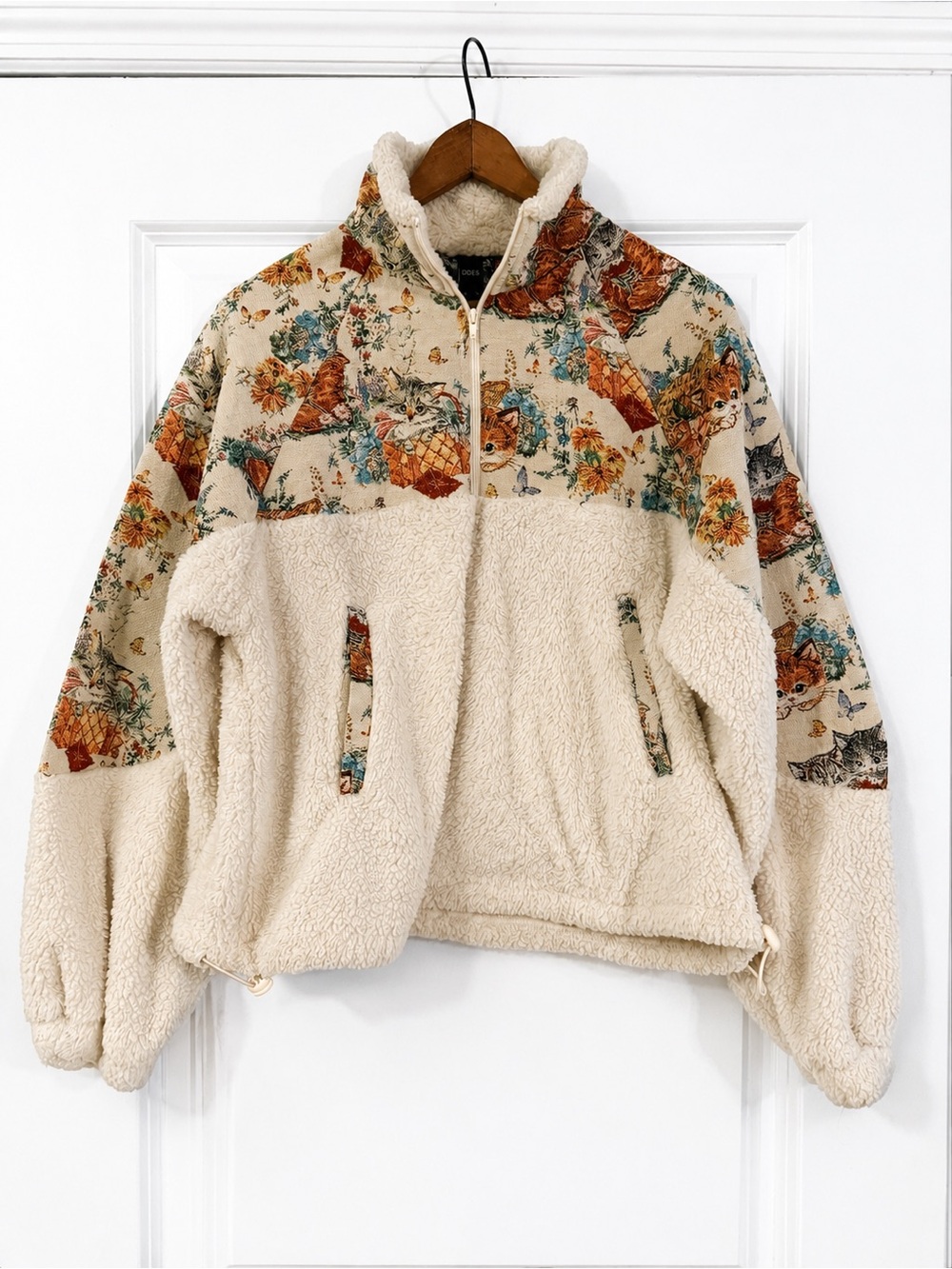 Cider Teddy Fleece Half Zip Pullover Cat Tapestry Print Sherpa Jacket Large
